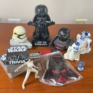 Star Wars Lot Action figures R2D2 Darth Vadar Bobble head New Trivia cards